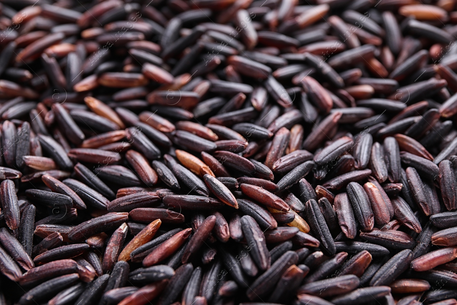 Photo of Uncooked organic brown rice as background, closeup