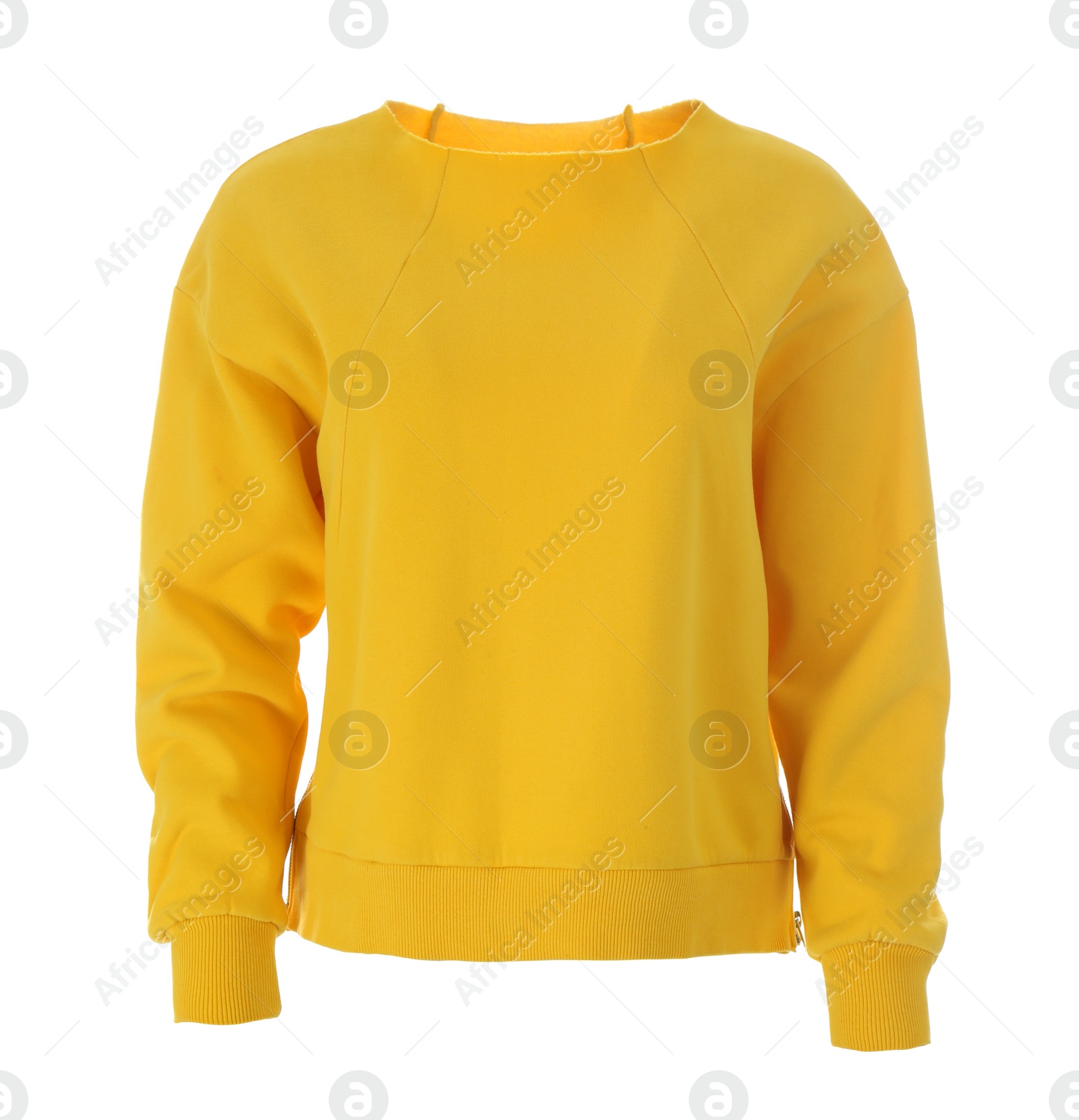 Photo of Stylish sweatshirt on mannequin against white background. Women's clothes