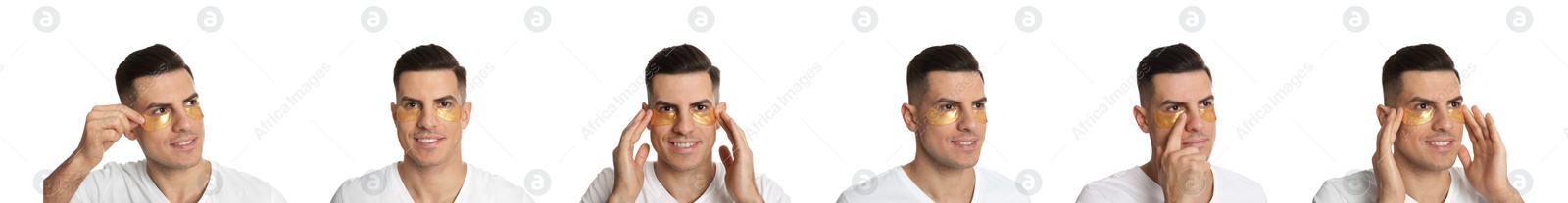 Image of Collage of handsome man with cosmetic under eye patches on white background. Banner design