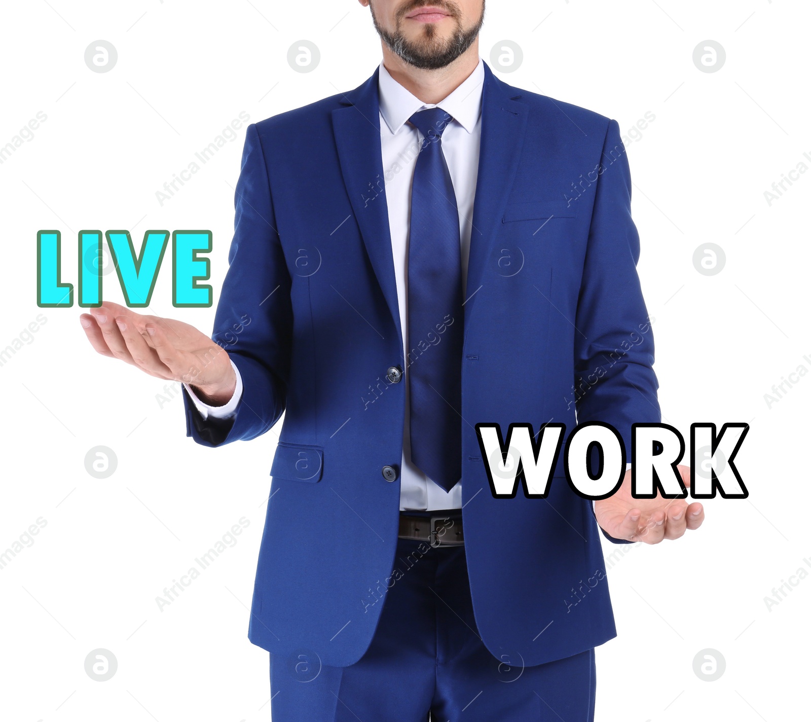 Image of Young businessman on white background, closeup. Concept of balance between life and work 