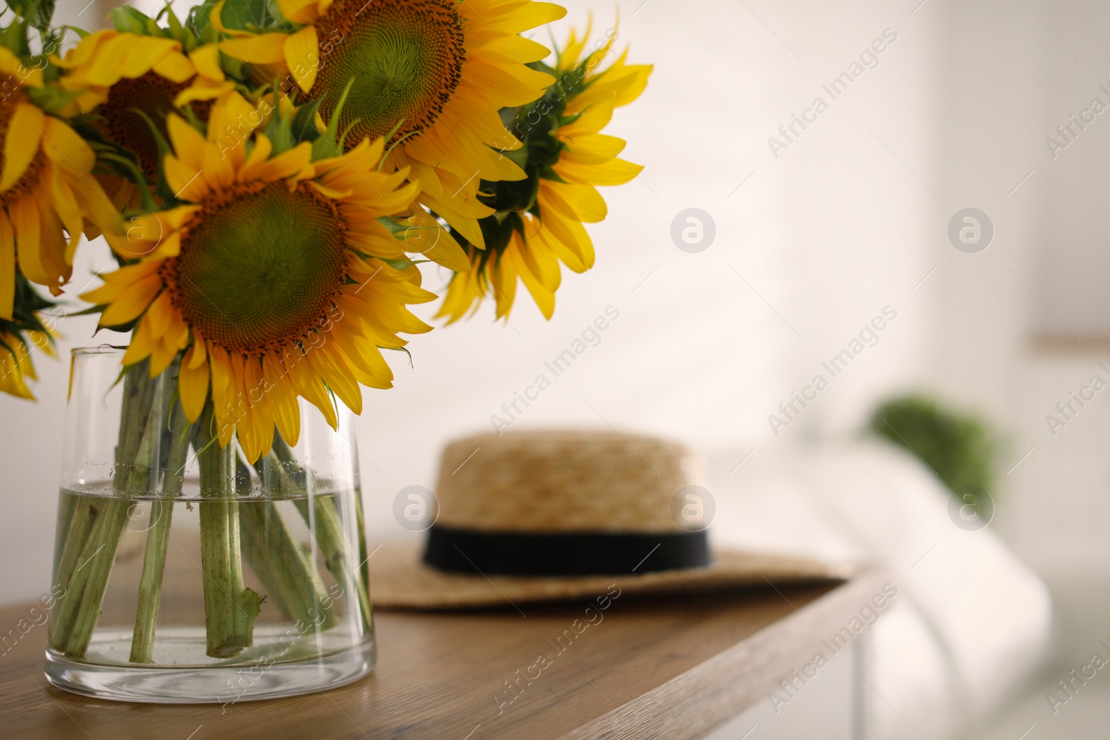 Photo of Beautiful yellow sunflowers on wooden table in room, space for text