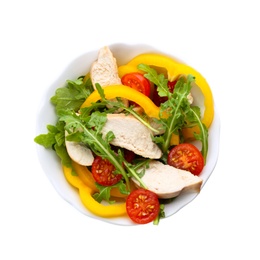 Delicious salad with chicken and vegetables in bowl isolated on white, top view