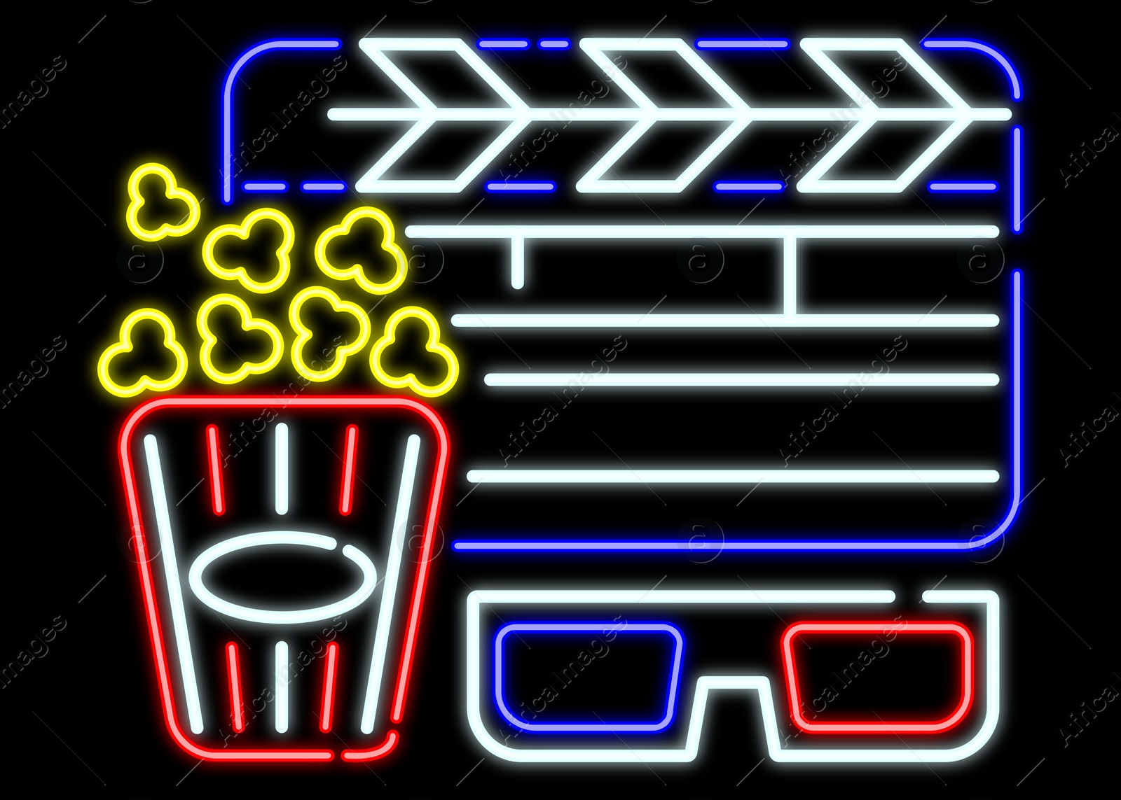 Illustration of Glowing neon sign with popcorn bucket, clapper and glasses on black background