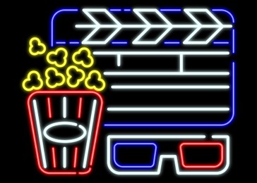 Illustration of Glowing neon sign with popcorn bucket, clapper and glasses on black background