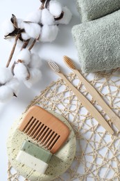 Bath accessories. Flat lay composition with personal care products on white background