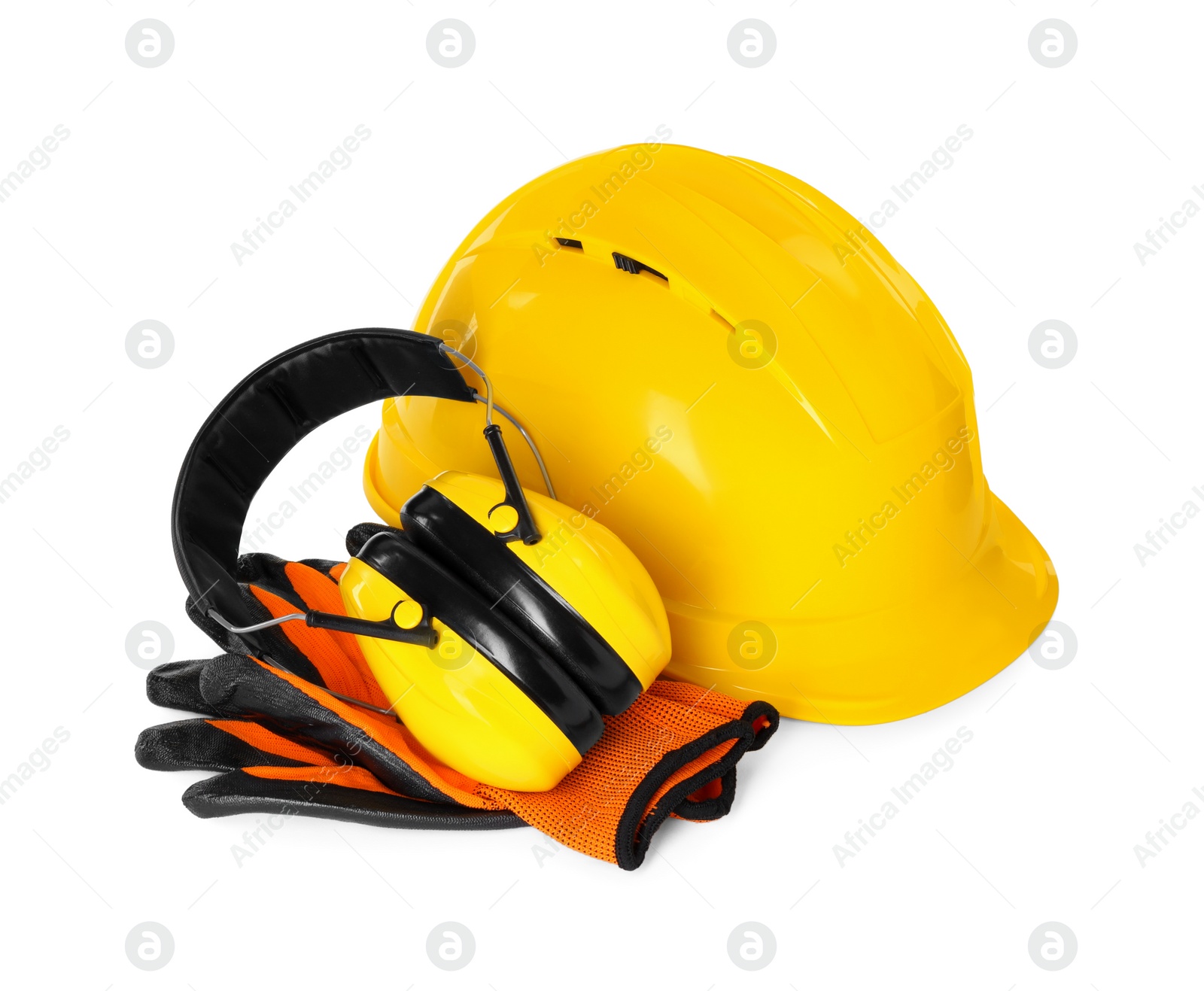 Photo of Hard hat, earmuffs and gloves isolated on white. Safety equipment