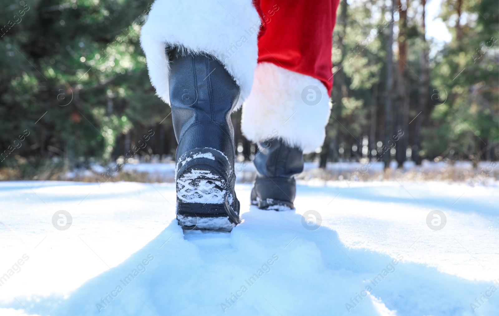 Photo of Authentic Santa Claus walking outdoors, focus on legs