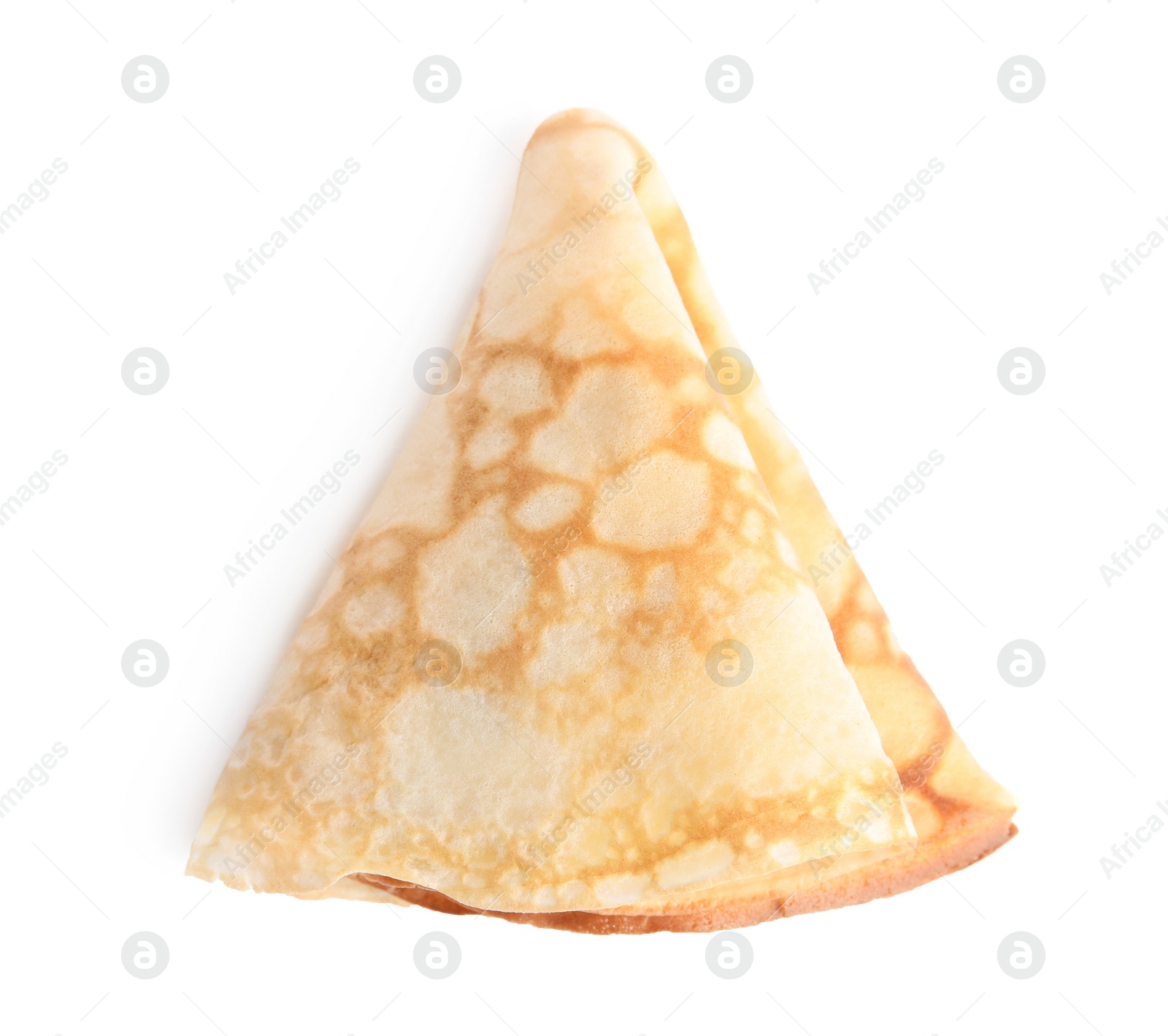 Photo of Folded fresh thin pancake isolated on white, top view