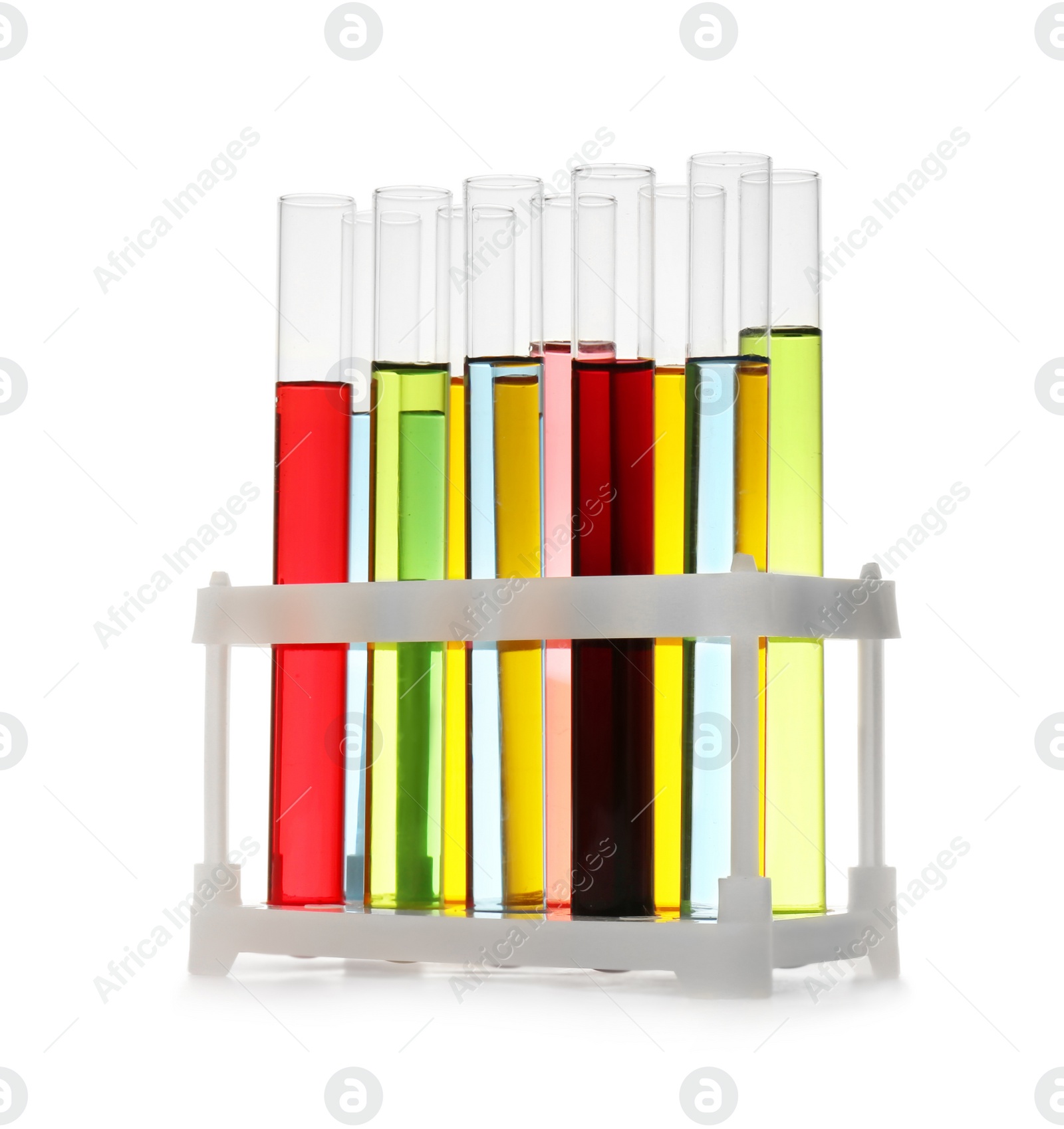 Photo of Chemistry test tubes in rack with samples isolated on white