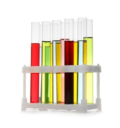 Photo of Chemistry test tubes in rack with samples isolated on white