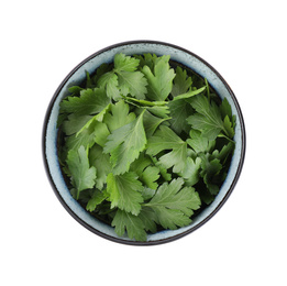 Photo of Fresh green parsley in bowl isolated on white, top view