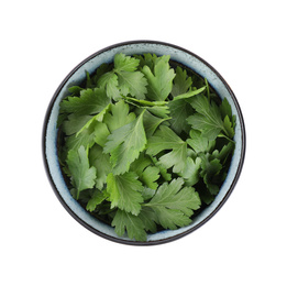 Fresh green parsley in bowl isolated on white, top view