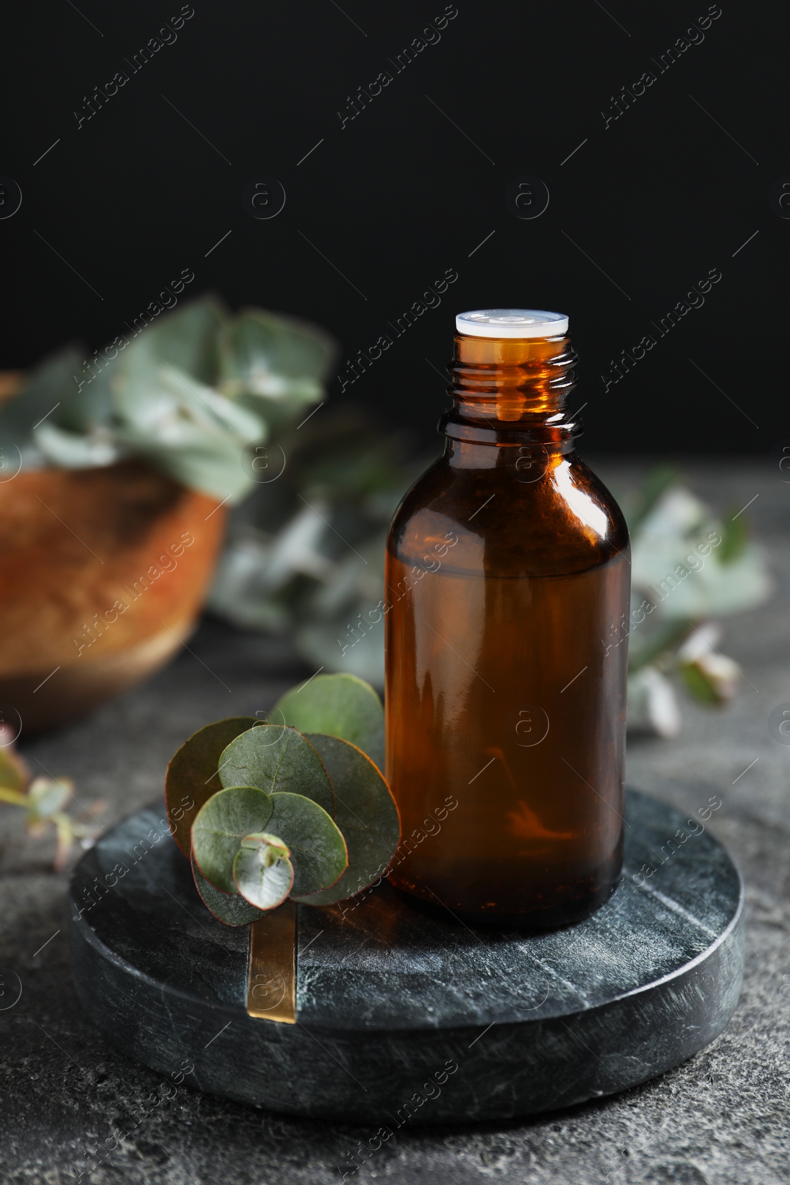 Photo of Bottle of eucalyptus essential oil and plant branches on grey table