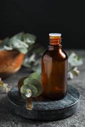 Photo of Bottle of eucalyptus essential oil and plant branches on grey table