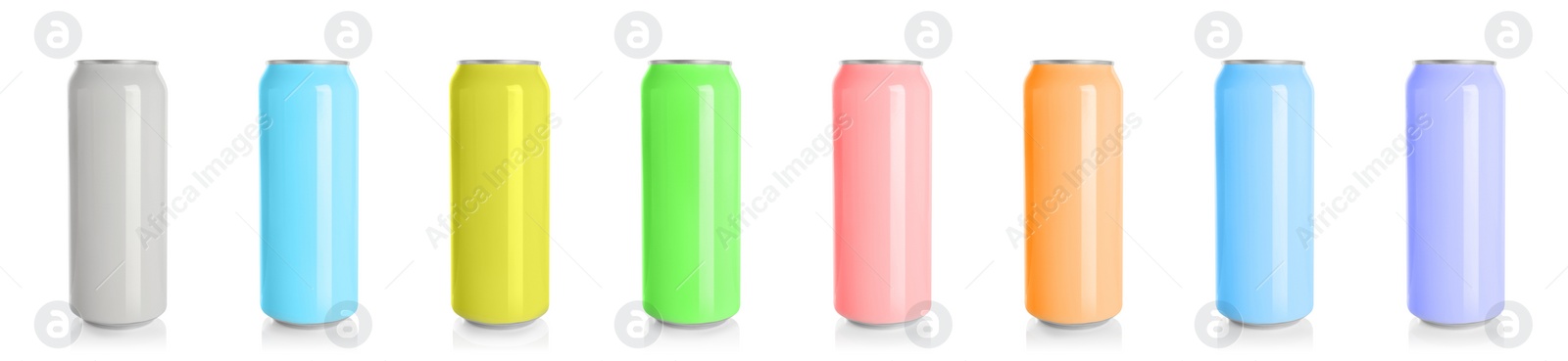 Image of Set with different colorful aluminium cans of beverage on white background. Banner design