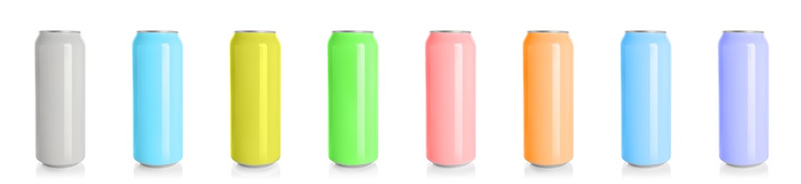 Image of Set with different colorful aluminium cans of beverage on white background. Banner design