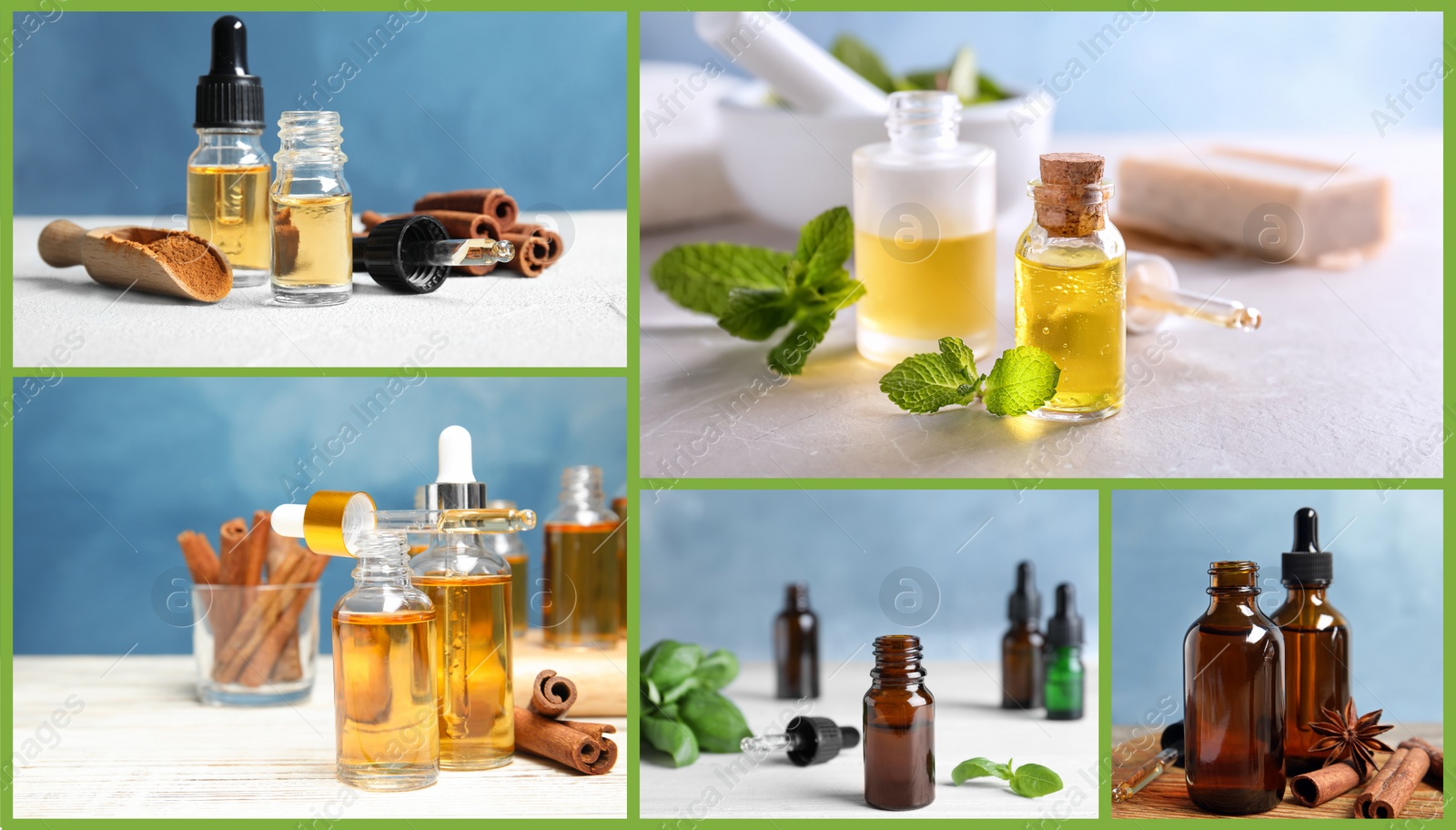 Image of Collage of different photos with essential oils. Banner design