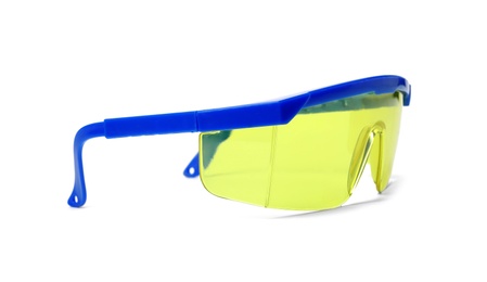 Protective goggles on white background. Construction tool