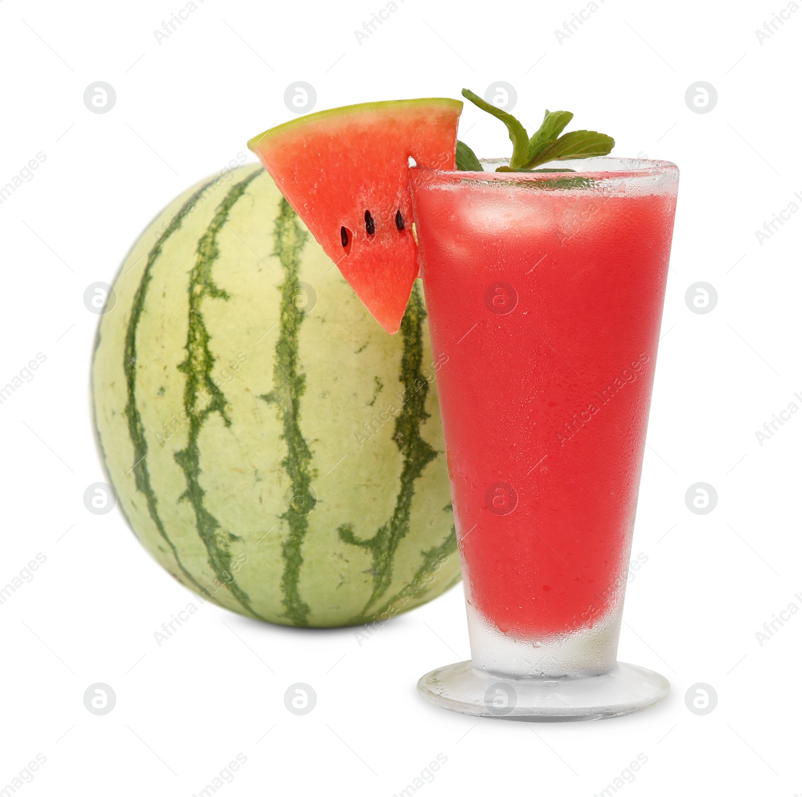 Photo of Glass of tasty watermelon drink with mint and fresh fruit isolated on white