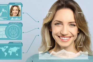 Facial recognition system. Woman with scanner frame and personal data on grey background