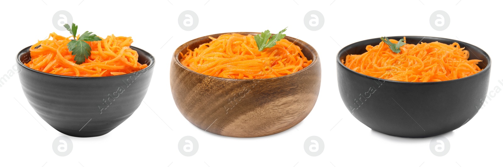 Image of Set with tasty Korean carrot salad on white background. Banner design