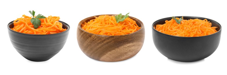Image of Set with tasty Korean carrot salad on white background. Banner design