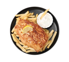 Tasty fish in soda water batter, potato chips, sauce and lemon slice isolated on white, top view