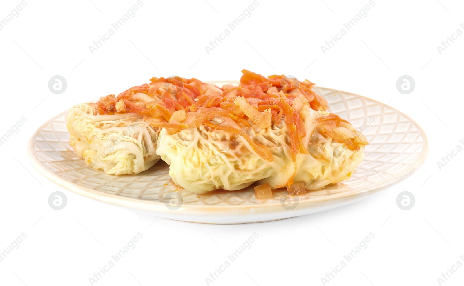 Photo of Plate with delicious cabbage rolls isolated on white