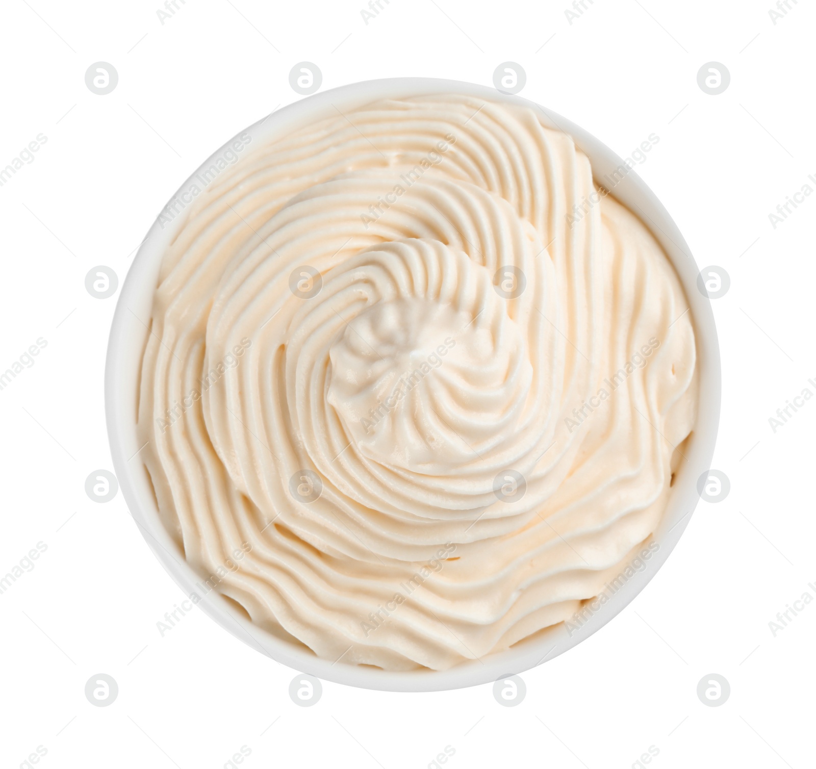 Photo of Delicious whipped cream isolated on white, top view