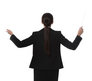 Photo of Professional conductor with baton on white background, back view