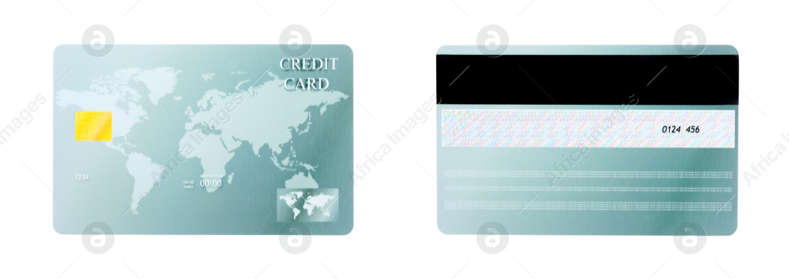 Image of Modern credit card on white background, front and back view. Banner design 