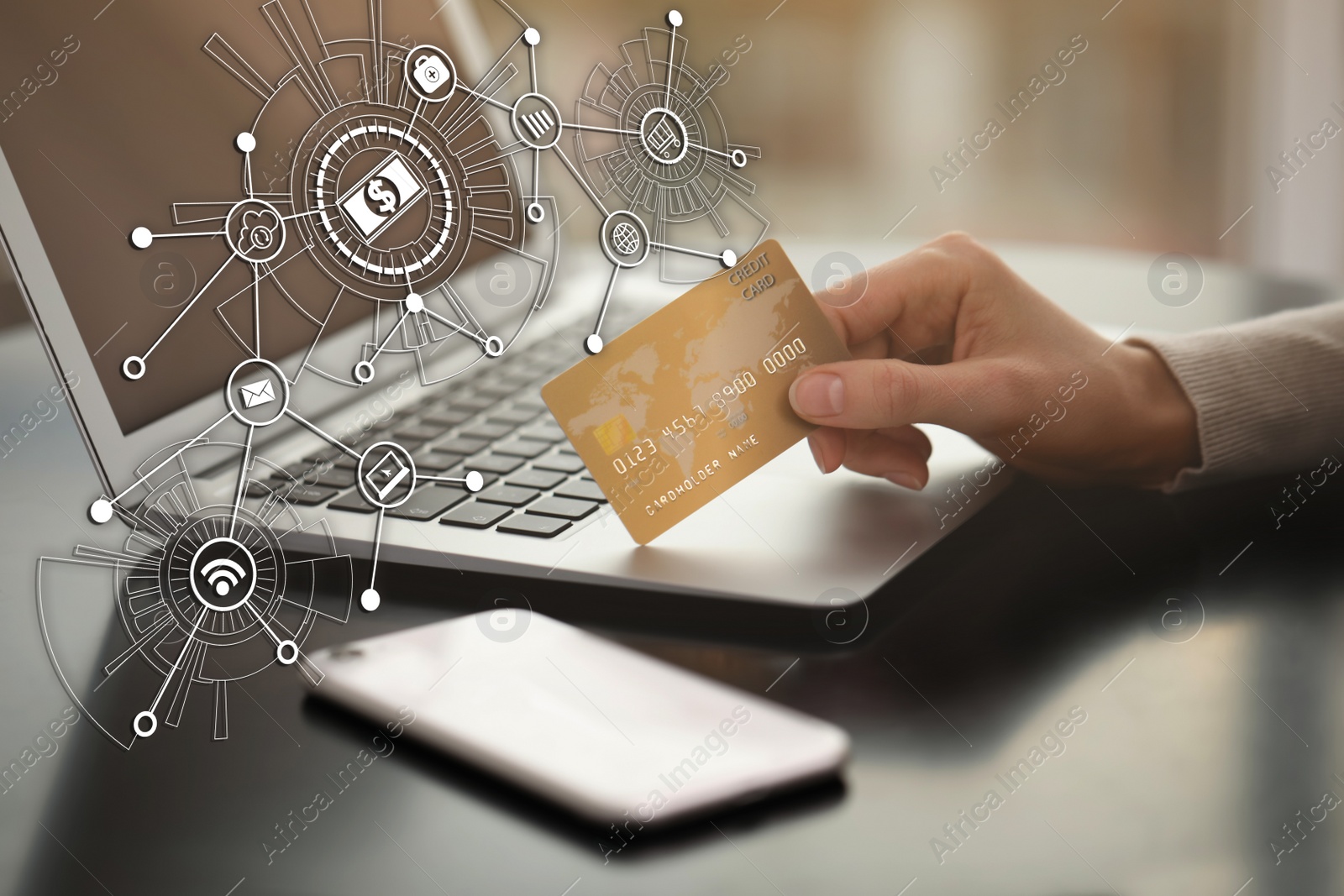 Image of Woman with credit card using laptop for online payment at table, closeup