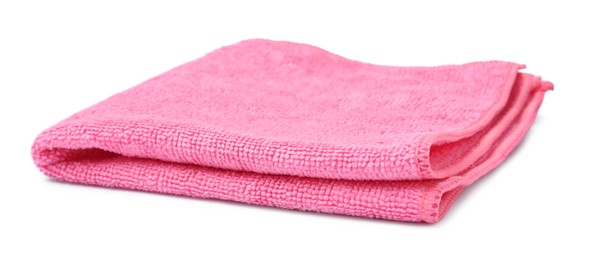 Photo of Clean pink microfiber cloth isolated on white