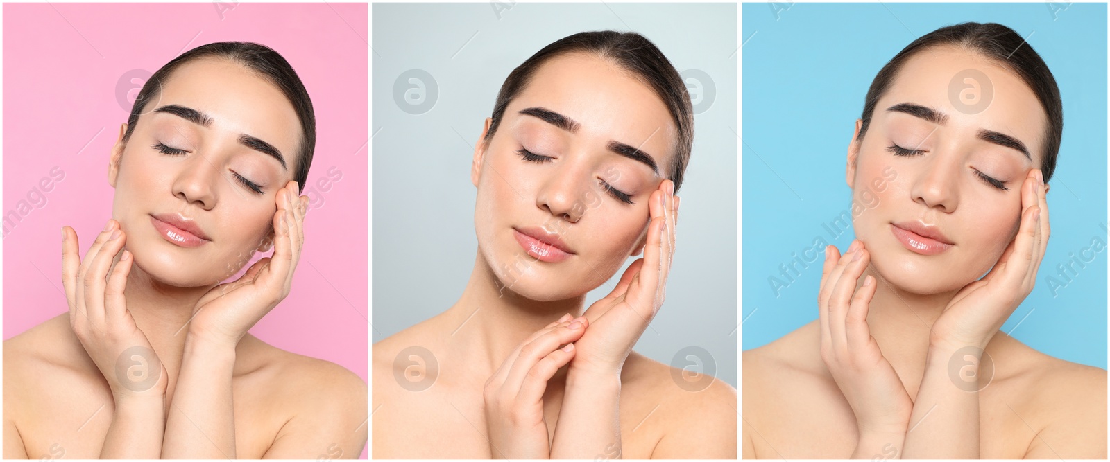 Image of Portrait of young woman with perfect skin on different color backgrounds, collage. Banner design