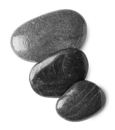 Photo of Group of different stones on white background, top view