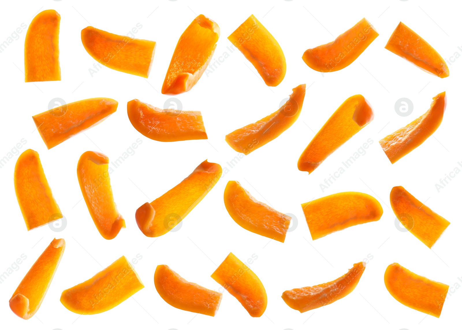 Image of Set of cut ripe orange bell peppers on white background