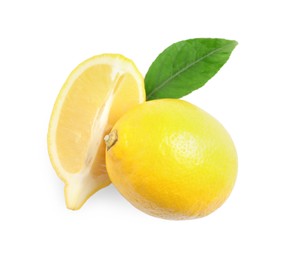 Photo of Cut and whole ripe lemons with green leaf isolated on white, top view