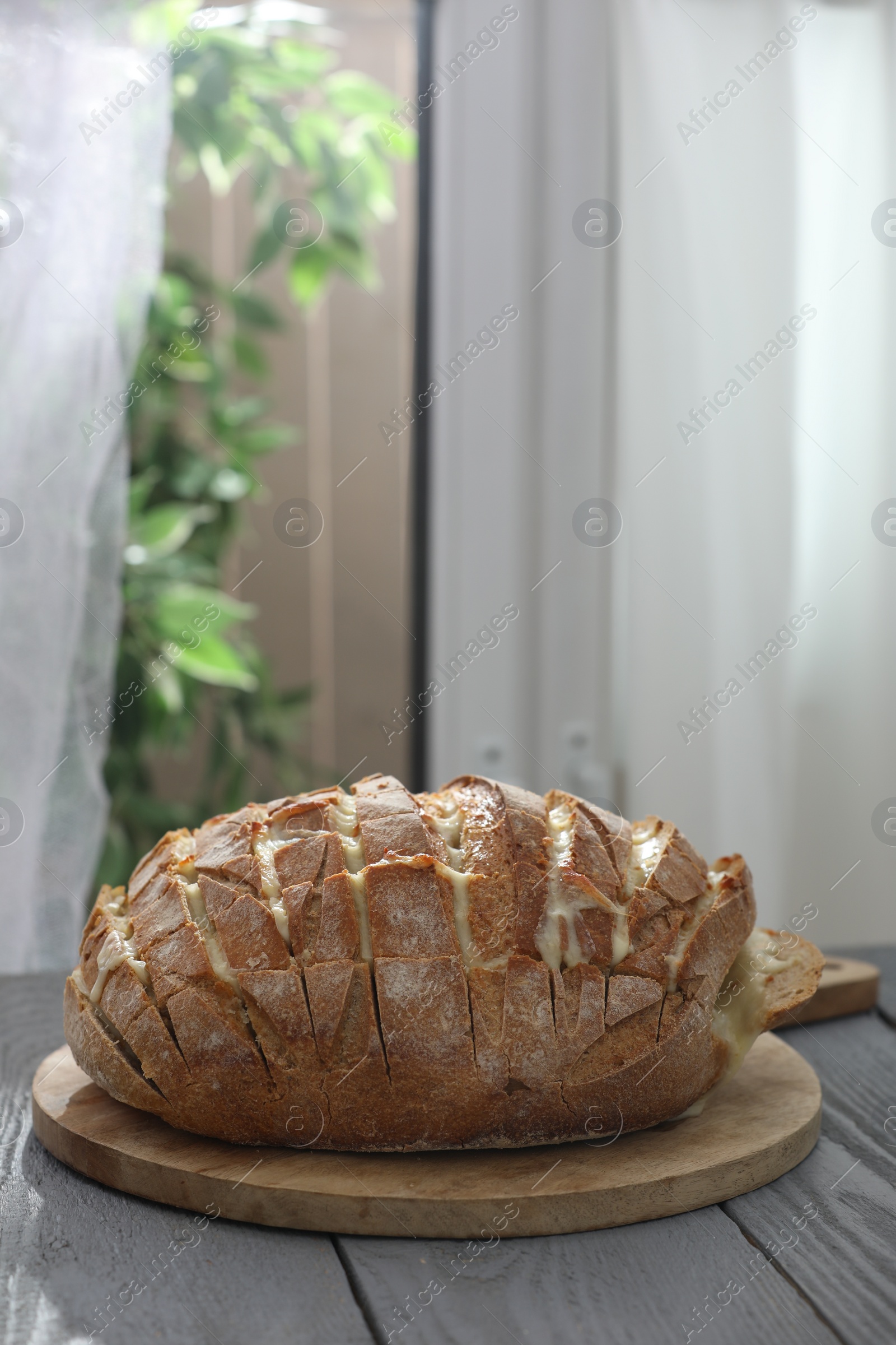 Freshly baked bread with tofu cheese on grey wooden table indoors Photo of Freshly baked bread with tofu cheese on grey wooden table indoors