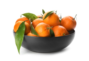 Photo of Fresh tangerines in ceramic black bowl on white background
