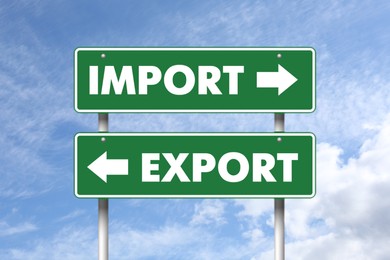Image of Road sign with Import and Export words and arrows pointing in opposite directions against sky
