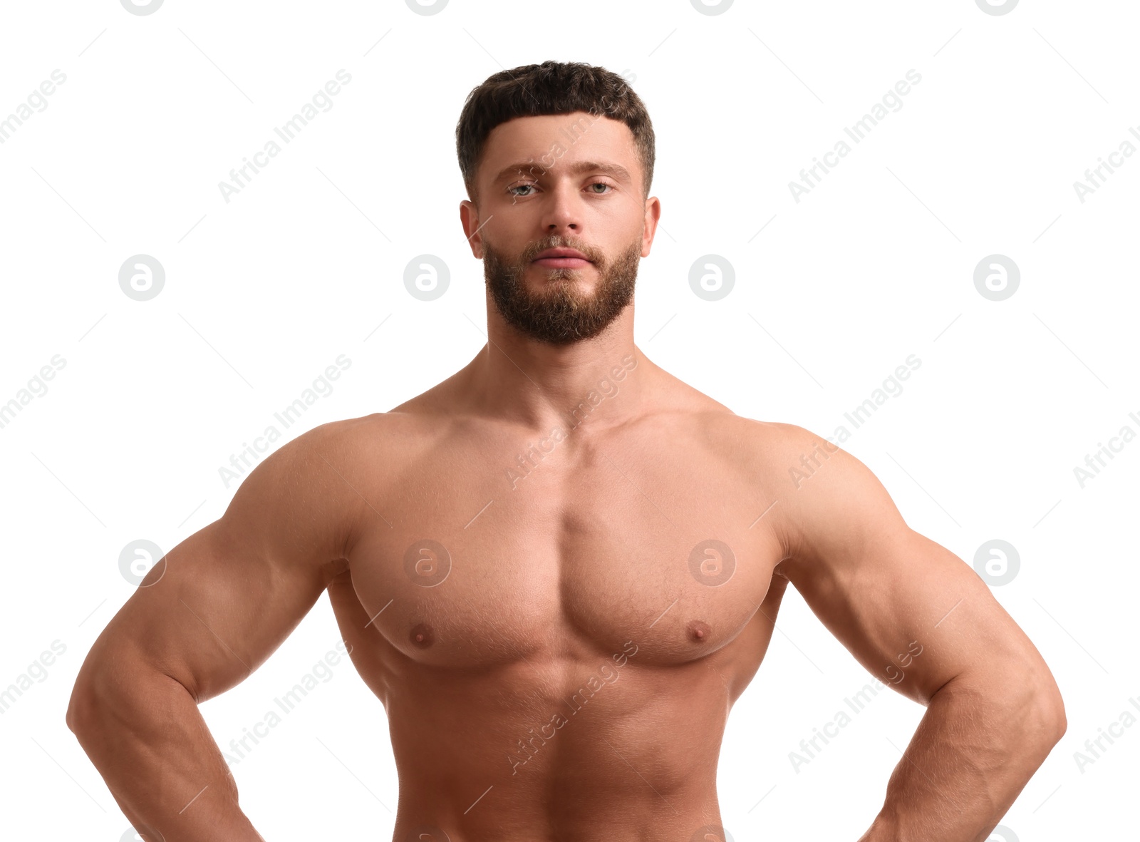 Photo of Handsome muscular man isolated on white. Sexy body