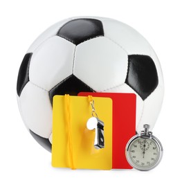 Photo of Referee equipment. Soccer ball, whistle, stopwatch and cards isolated on white