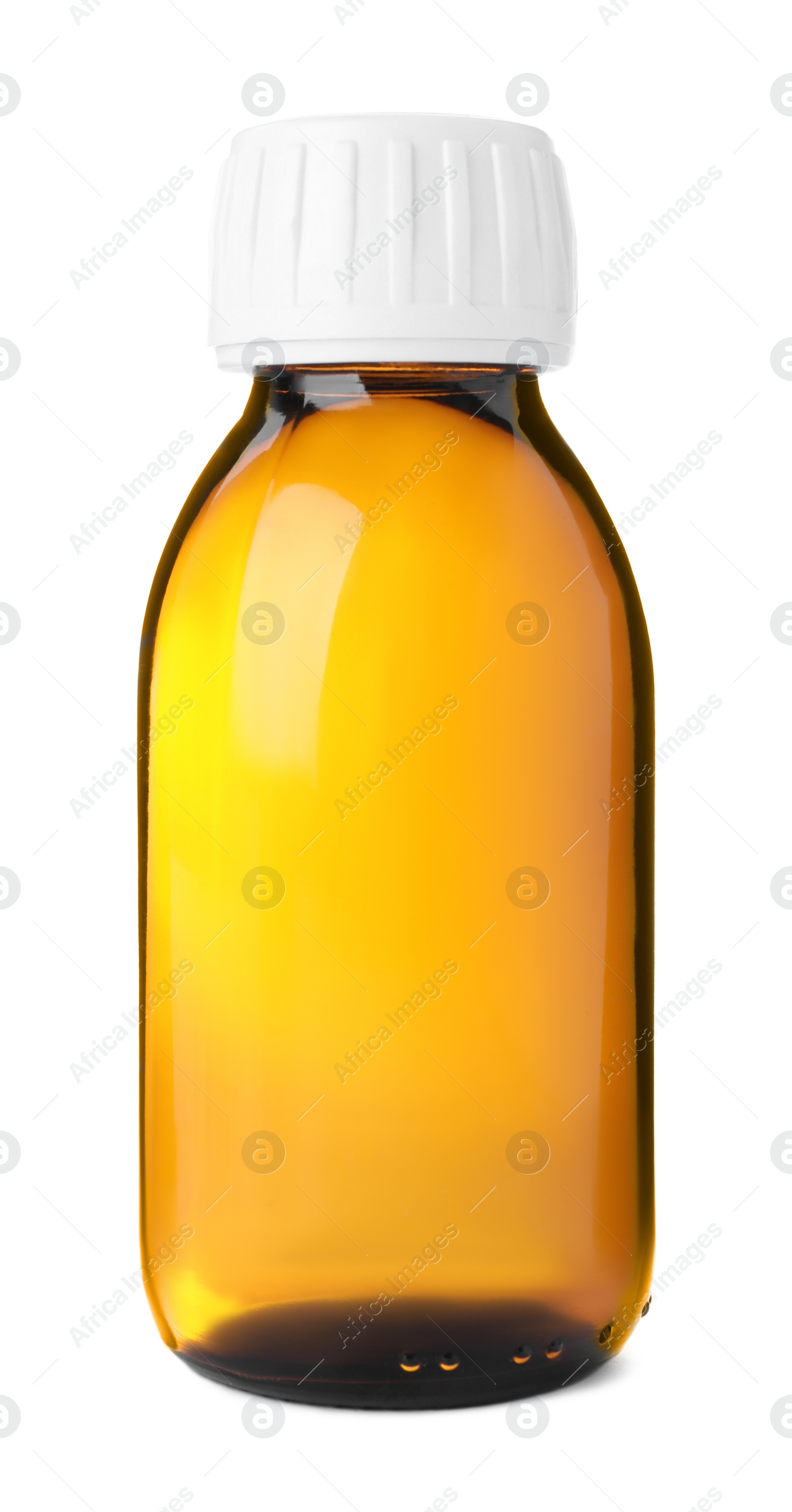 Photo of Bottle of syrup isolated on white. Cough and cold medicine