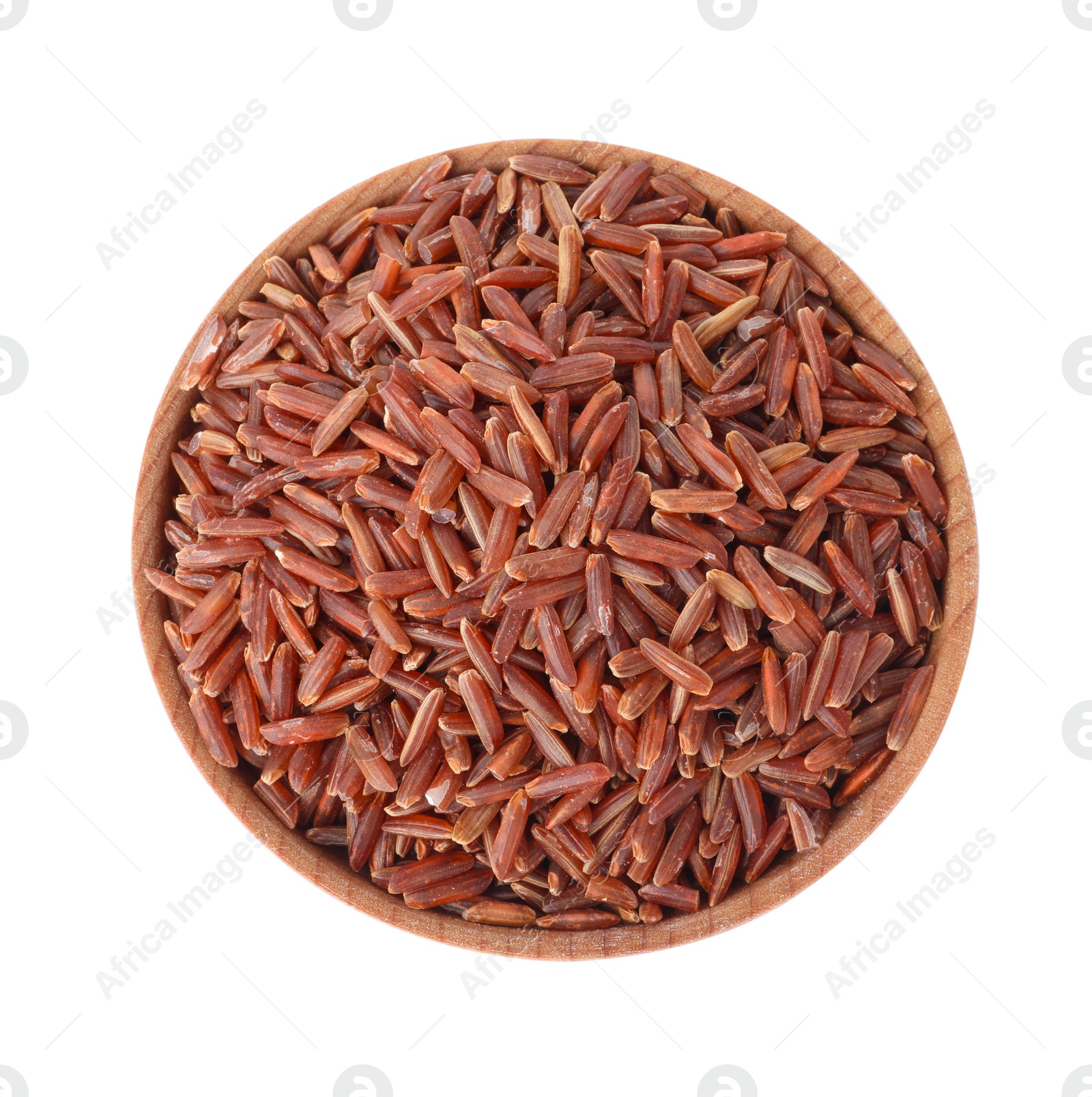 Photo of Bowl with raw red rice isolated on white, top view