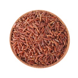 Bowl with raw red rice isolated on white, top view