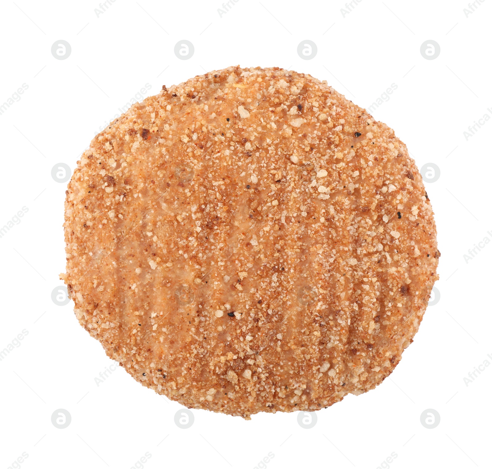 Photo of Vegan cutlet with breadcrumbs isolated on white, top view