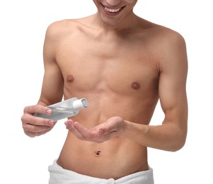 Photo of Man with lotion on white background, closeup