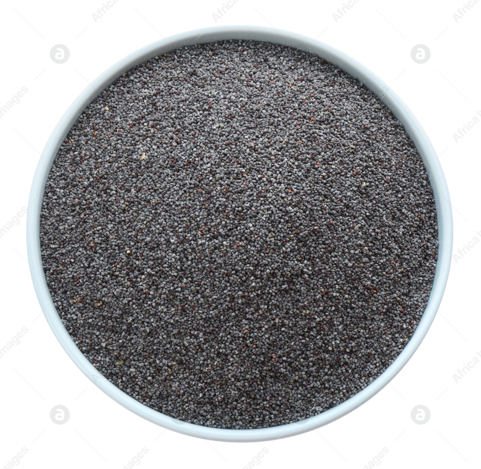 Photo of Poppy seeds in ceramic bowl isolated on white, top view