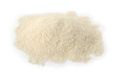 Heap of quinoa flour on white background