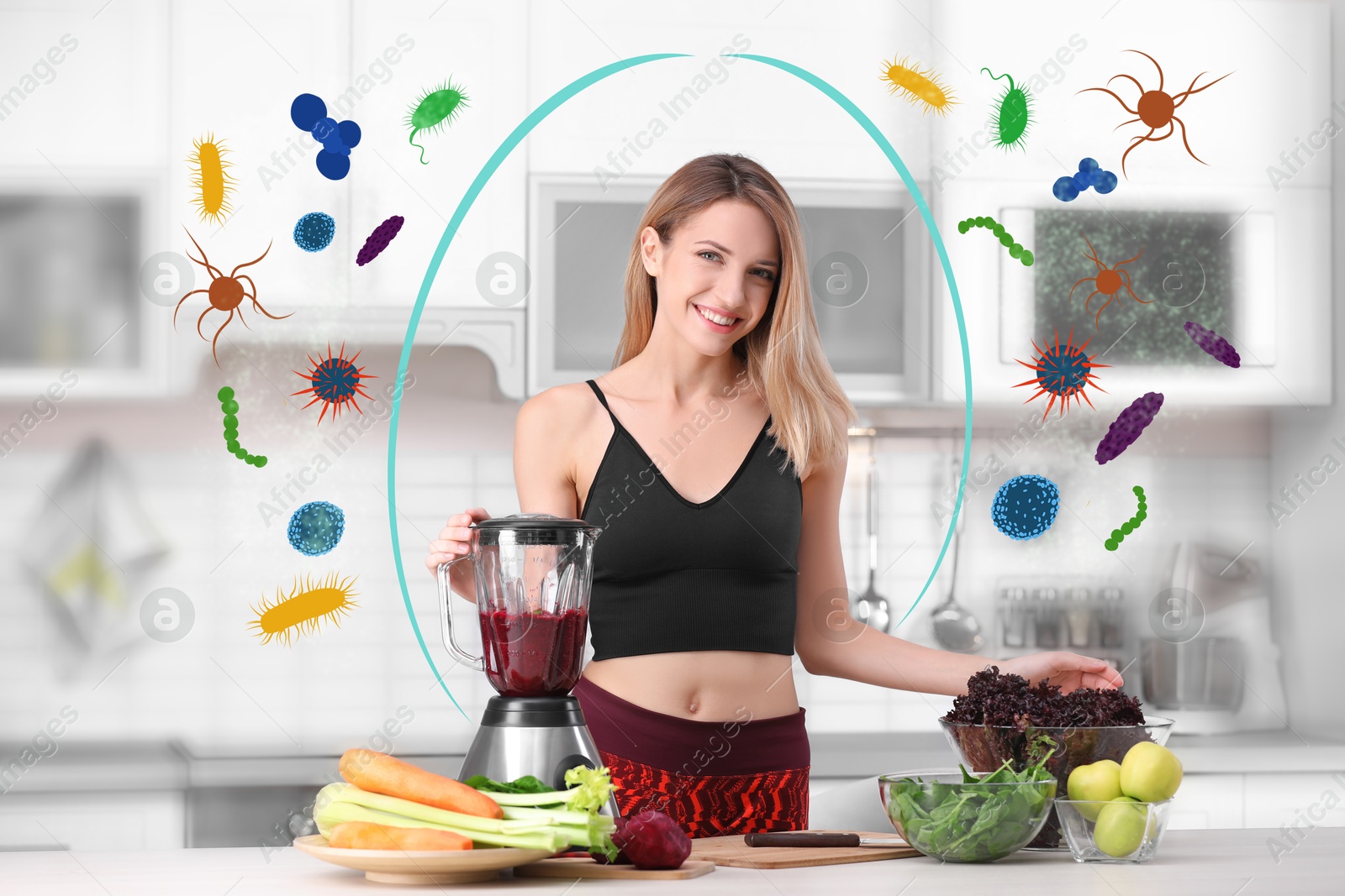 Image of Happy woman with immunity boosting cocktail in kitchen. Protection against viruses